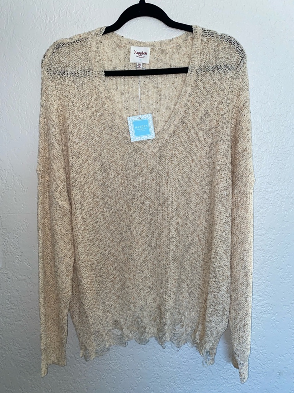 #H366 - Hayden Cream Lightweight V-Neck Pullover Distressed Sweater - 2XL-